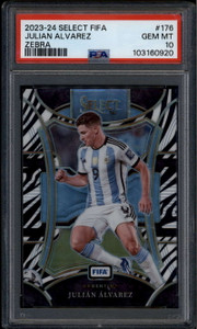2023-24 Select FIFA Zebra Refractor 176 Julian Alvarez Mezzanine /25 PSA 10 GEM