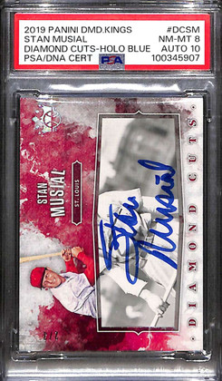 2019 Diamond Kings Cuts Holo Blue 9 Stan Musial Cut Auto 2/3 PSA 8 NM-MT 10