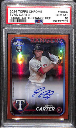 2024 Topps Chrome Autographs Orange Refractor Evan Carter RC Auto 16/25 PSA 10