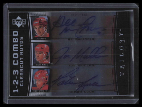 2007-08 Upper Deck Trilogy 1-2-3 Clearcut Combo Loob Mullen MacInnis Auto 7/10