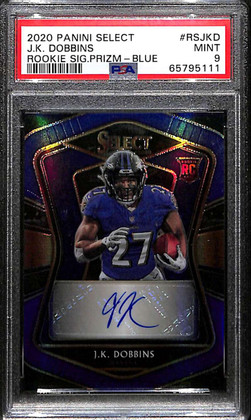 2020 Select Rookie Signatures Prizm Blue 23 J. K. Dobbins RC Auto 10/75 PSA 9