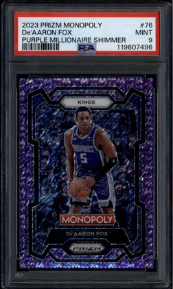 2023-24 Panini Prizm Monopoly Purple Millionaire Shimmer De'Aaron Fox /50 PSA 9