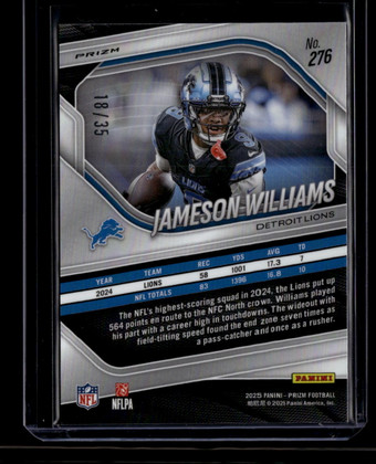 2025 Panini Prizm Prizms Blue Shimmer Refractor 276 Jameson Williams 18/35