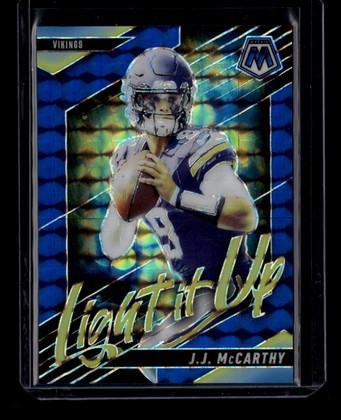 2025 Panini Mosaic Light it Up Mosaic Blue Refractor 11 JJ McCarthy 48/99