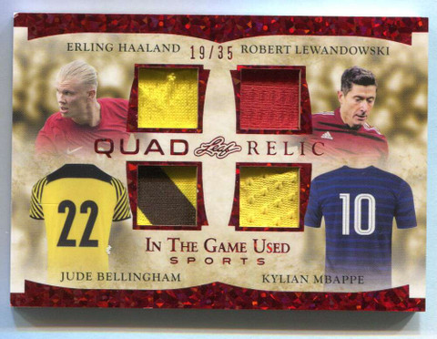2022 ITG Used Red Bellingham Lewandowski Haaland Mbappe Quad Jersey Patch 19/35