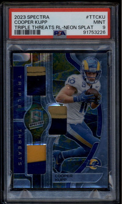 2023 Panini Spectra Triple Threats Neon Splatter 14 Cooper Kupp Patch 6/8 PSA 9