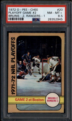 1972-73 O-Pee-Chee 20 Playoff Game 2 Bruins 2 Rangers 1 PSA 8.5 NM-MT+