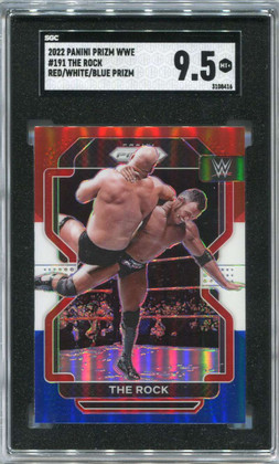 2022 Panini Prizm WWE Prizms Red White and Blue Refractor 191 The Rock SGC 9.5