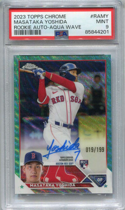 2023 Topps Chrome Aqua Wave Refractor Masataka Yoshida Rookie Auto 19/199 PSA 9