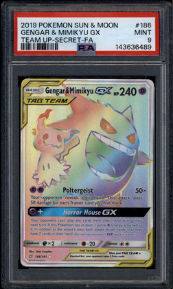 2019 Pokemon Team Up 186 Gengar &amp; Mimikyu GX SCR Secret Rare PSA 9 MINT
