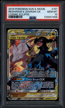 2019 Pokemon Cosmic Eclipse 157 Reshiram Zekrom GX URR Tag Team PSA 10