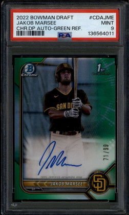 2022 Bowman Chrome Draft Green Refractor Jakob Marsee Rookie RC Auto 71/99 PSA 9