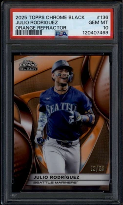 2025 Topps Chrome Black Orange Refractor 136 Julio Rodriguez 12/25 PSA 10 GEM MT