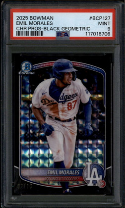 2025 Bowman Chrome Prospects Black Geometric Refractor Emil Morales RC /10 PSA 9