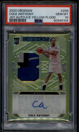 2020-21 Panini Obsidian Etch Yellow Flood 208 Cole Anthony RC Patch Auto PSA 10