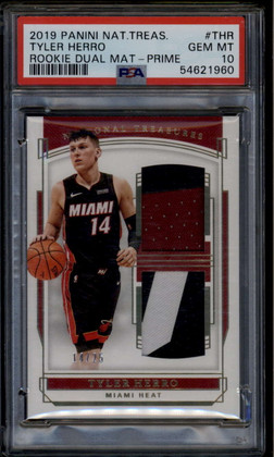 2019-20 Panini National Treasures Materials Tyler Herro RC Dual Patch /25 PSA 10