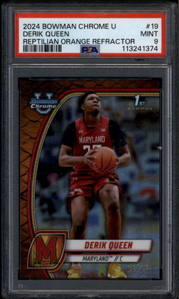 2024-25 Bowman Chrome U Reptilian Orange Refractor 19 Derik Queen RC 4/25 PSA 9