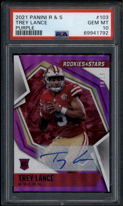 2021 Rookies and Stars Signatures Purple 103 Trey Lance RC Auto 10/25 PSA 10