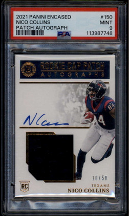 2021 Panini Encased 150 Nico Collins Rookie Cap Hat Patch Auto 10/50 PSA 9 MINT