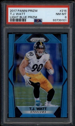2017 Panini Prizm Prizms Light Blue Refractor 216 T.J. Watt Rookie RC /199 PSA 8