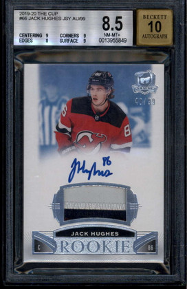 2019-20 The Cup 66 Jack Hughes Rookie RC Patch Auto 40/99 BGS 8.5 NM-MT+ 10