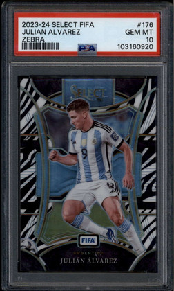 2023-24 Select FIFA Zebra Refractor 176 Julian Alvarez Mezzanine /25 PSA 10 GEM