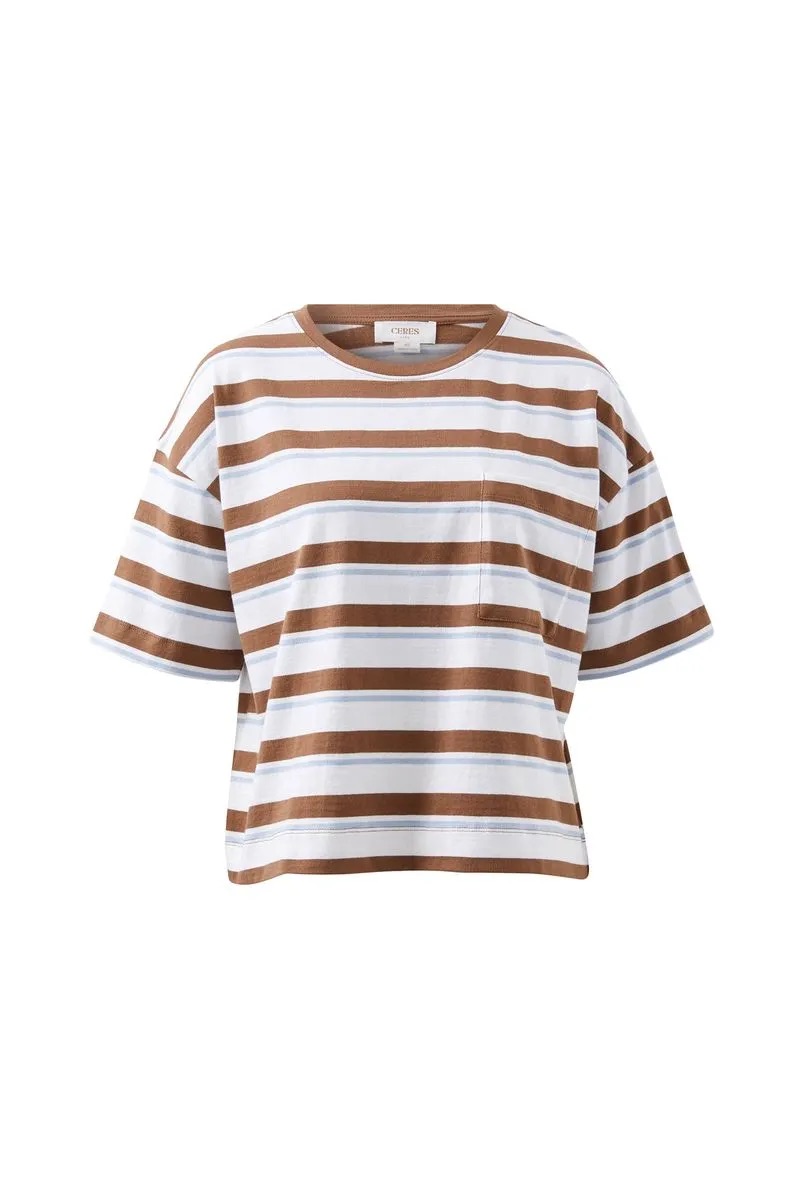 Ceres Boxy Pocket Tee Chalk Choc Stripe