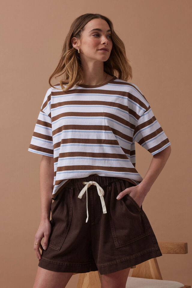 Ceres Boxy Pocket Tee Chalk Choc Stripe