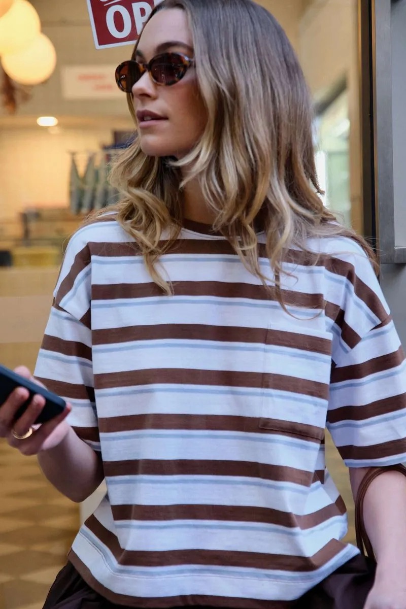 Ceres Boxy Pocket Tee Chalk Choc Stripe