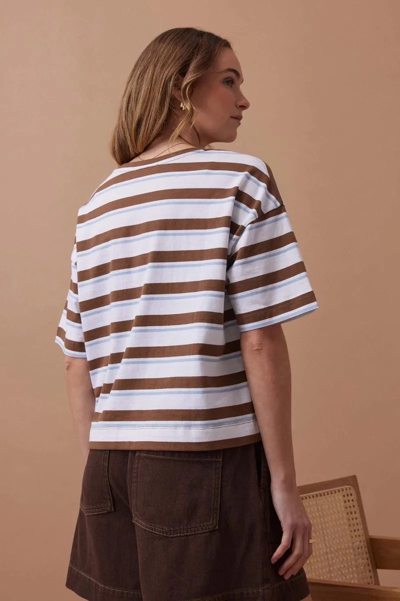 Ceres Boxy Pocket Tee Chalk Choc Stripe