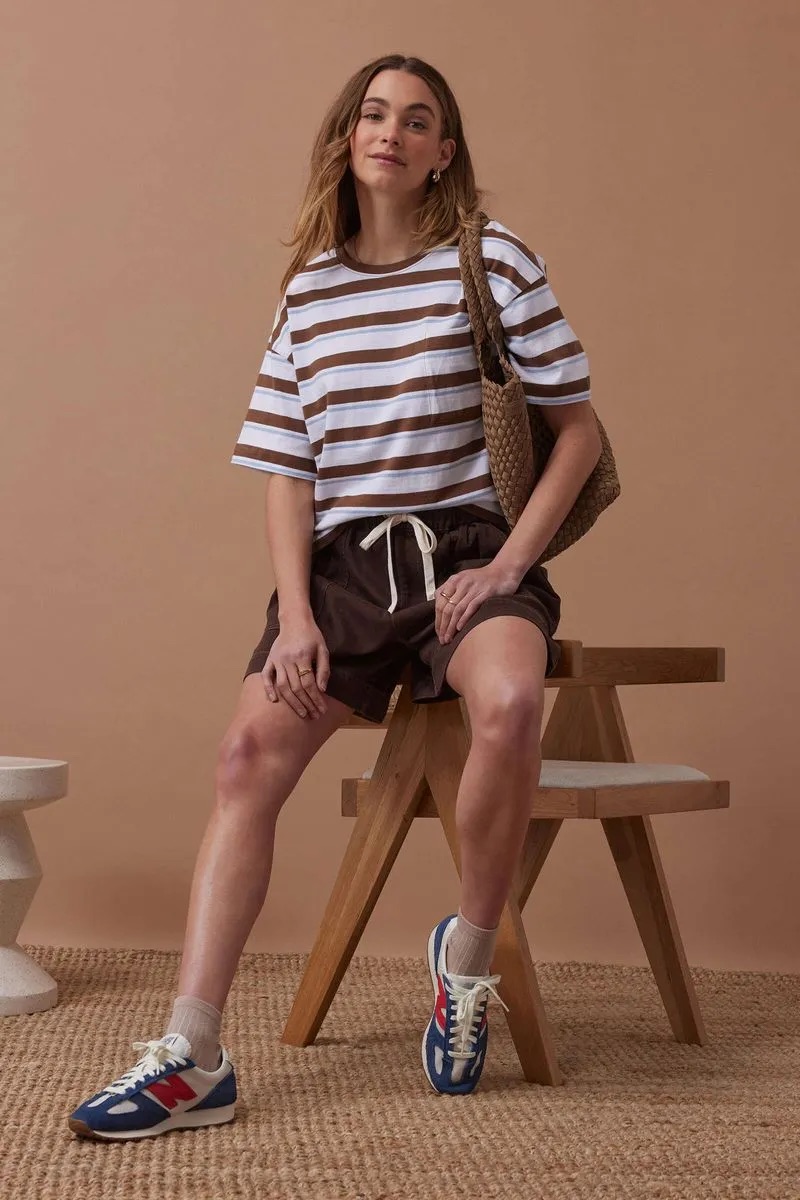 Ceres Boxy Pocket Tee Chalk Choc Stripe