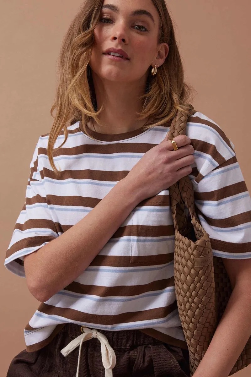 Ceres Boxy Pocket Tee Chalk Choc Stripe