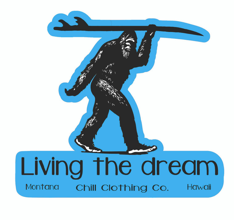 Sasquatch Surfer -Living the Dream Sticker blue