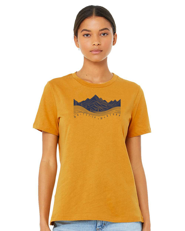 Whitefish Montana mountains women’s t shirt heather mustard, female model