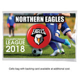 A red button badge with a logo, displayed with a themed background featuring soccer players and a ball.