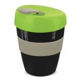 A drink bottle featuring a black base with a green lid and a beige silicone band. It has a logo on the side.