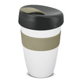 A drink bottle featuring a white body, dark lid, and khaki silicone band. It has a logo on the surface.