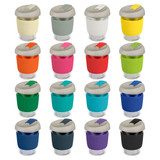 A drink bottle collection featuring various colours: grey, yellow, orange, pink, red, green, blue, and black, with a light-coloured lid and logo.