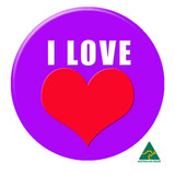 A purple 37mm button badge featuring a red heart and white text. It has a logo at the bottom.