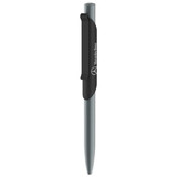 A sleek grey metal pen with a black clip and a logo on the side, ideal for writing.