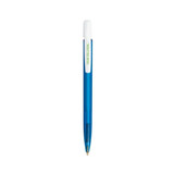 A blue plastic pen with a white cap and a logo on the clip.