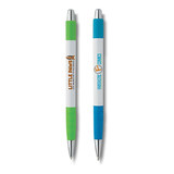 Two white pens featuring green and blue grips, each with a logo, placed side by side on a white background.