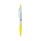 A plastic pen featuring a yellow barrel and a white grip, with a logo on the side.