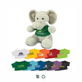 A light grey elephant plush toy wearing a green shirt, accompanied by various smaller colourful shirts. A light grey elephant plush toy wearing a green shirt, accompanied by various smaller colourful shirts.