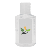 A clear 60ml hand sanitiser gel bottle with a leaf logo, featuring a lemon scent.