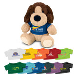 A plush dog toy featuring brown ears and a beige body, wearing a blue shirt with a logo. Various colourful shirts are displayed below.