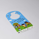 A double-sided door hanger in blue featuring colourful illustrations of children playing and trees. It has a circular cutout at the top. A double-sided door hanger in blue featuring colourful illustrations of children playing and trees. It has a circular cutout at the top.