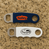 A drink bottle opener in navy blue and white, featuring a metal bottle cap remover and a logo.
