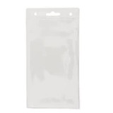 A clear, flat badge holder with a hang hole at the top, designed for holding event badges or cards.