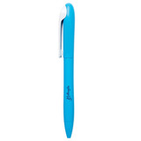 A bright blue plastic pen with a white clip and an attached logo.